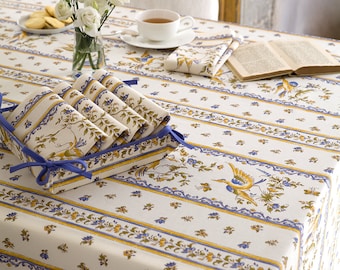 Rectangular 78'', 98", 118", 137" coated or cotton France Provence tablecloth "Moustiers" off-white