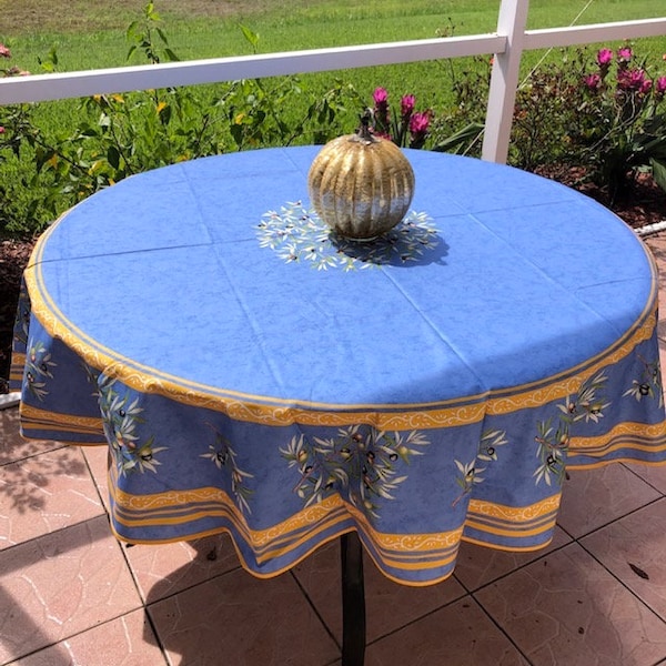 Round 70" coated or cotton French Provence tablecloth blue