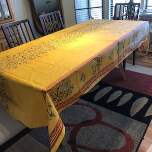 Tablecloth Rectangular 78&quot;, 98&quot;, 118&quot;, 137&quot; coated or cotton Provence France tablecloth &quot;Clos des Oliviers&quot; yellow double border