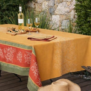 Rectangular 78'' or 98" France Jacquard Provence tablecloth "Olives" Curry Orange Yellow water repellent