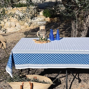 Rectangular 78&quot;, 98&quot; coated or cotton Provence France tablecloth white and blue