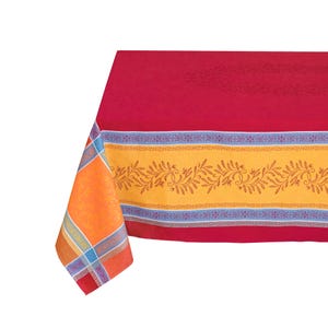 May include: A rectangular tablecloth featuring a deep red center with a subtle tonal pattern. The border displays a wide yellow band with a repeating brown leaf motif, framed by thin blue and white decorative stripes and orange corner panels.