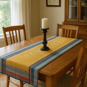 Provence France table runner Jacquard cotton curry color with blue