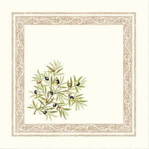May include: A white square with a brown border featuring a decorative design. The border has a textured look. Inside the square is a watercolor illustration of a green olive branch with black and green olives.