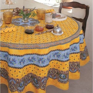 Round  90&quot; coated or cotton France Provence tablecloth yellow & blue tradition