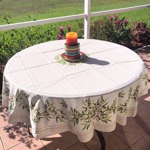 Round 70&#39;&#39; coated or cotton French Provence tablecloth off-white with olive