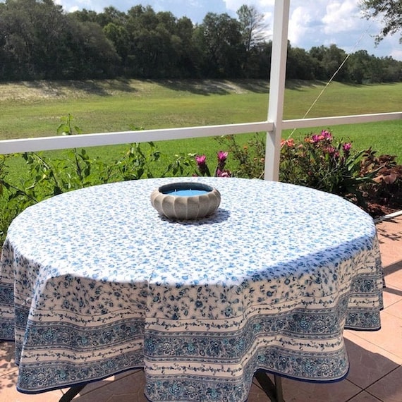 Round 70'' coated cotton France Provence tablecloth blue Gentiane Valdrome