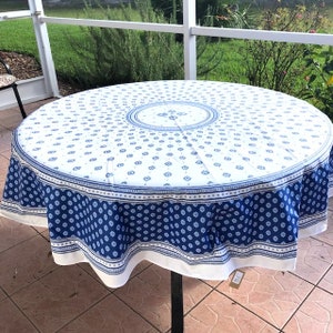 Round 70" coated or cotton France Provence tablecloth white with dark blue pattern