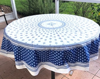 Round 70" coated or cotton France Provence tablecloth white with dark blue pattern