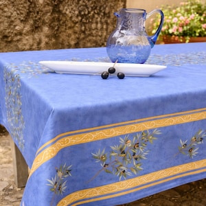 Provence Tablecloth, Blue Cotton, Yellow Border, Clos des Oliviers