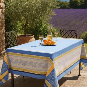 Rectangular 78'' or 98" France Jacquard Provence tablecloth "Olivia" Blue Olives water repellent
