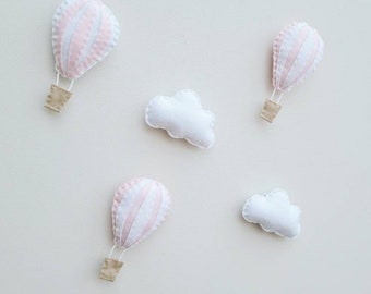 Hot air balloon wall hangings, nursery decor, cloud decor, felt garland, pink nursery, girl nursery decoration, nursery wall art