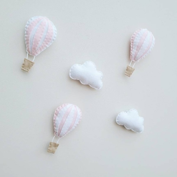 Hot air balloon wall hangings, nursery decor, cloud decor, felt garland, pink nursery, girl nursery decoration, nursery wall art