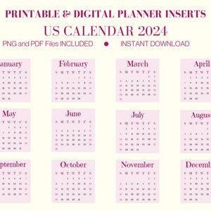 Peut inclure: Calendrier américain imprimable pour 2024 avec chaque mois affiché dans un carré rose séparé. Le calendrier est conçu pour être utilisé dans les planificateurs et comprend les jours de la semaine et les dates de chaque mois.