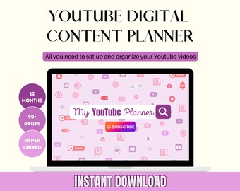 May include: A laptop computer screen displaying a pink and white digital planner with the text "My YouTube Planner" and a magnifying glass icon. The planner is designed to help organize YouTube videos and includes 12 months, 90+ pages, and hyperlinks. The text "INSTANT DOWNLOAD" is displayed below the laptop.