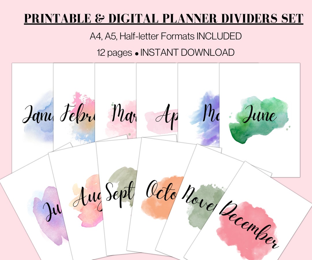 12 Monthly Planner Dividers, Monthly Dividers, Cover Sheets, Printable Planner Journal. A4, A5 ...