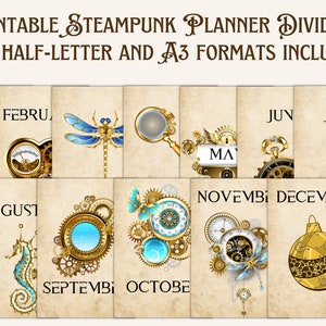 12 Steampunk Planner Dividers, Monthly Cover Pages, Title pages, Cover Sheets, Printable Planner, Digital Planner, DIY Planner Pages