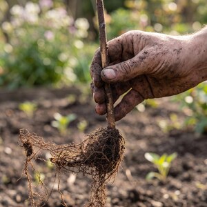 May include: A young plant seedling with a thin brown stem and a cluster of exposed, tangled roots hanging downward. The roots are covered in dark soil, showing the fine, fibrous root system typically found on a small sapling or garden plant.