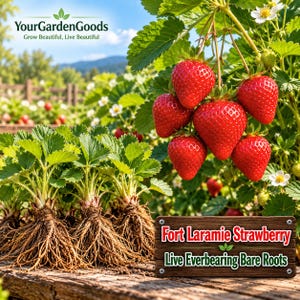 May include: A cluster of Fort Laramie strawberry bare roots with exposed brown fibrous root systems and green leaves, positioned next to a wooden sign that reads Fort Laramie Strawberry Live Everbearing Bare Roots in red and green text.