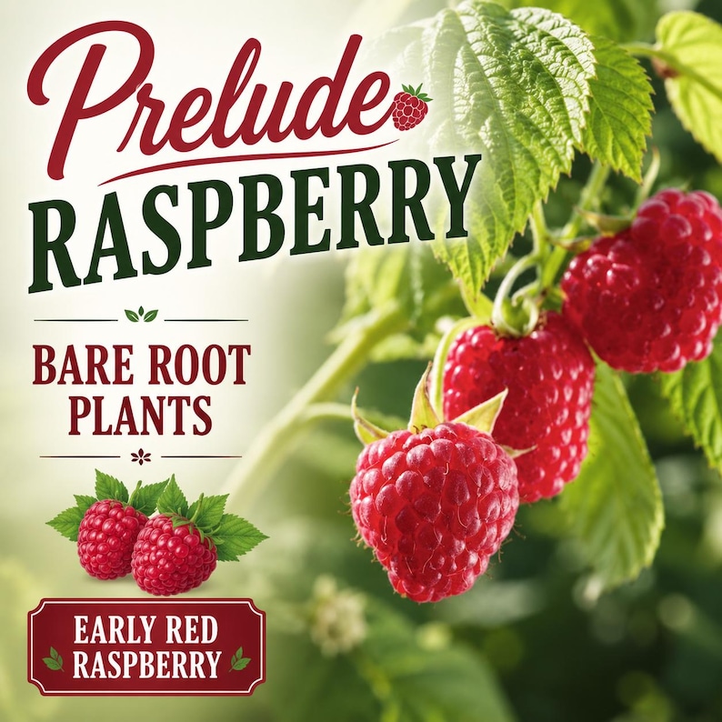 May include: A product label for Prelude Raspberry bare root plants featuring bright red raspberries on a green leafy vine. The text reads Prelude RASPBERRY, BARE ROOT PLANTS, and EARLY RED RASPBERRY, accompanied by a small graphic of two raspberries.