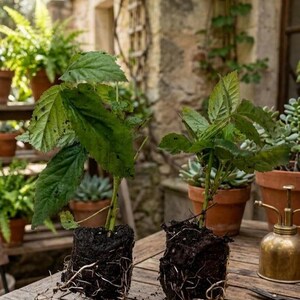 May include: Two green leafy plants with exposed root balls and dark soil, positioned on a wooden surface. The plants feature serrated leaves and visible white roots extending from the soil clumps, ready for transplanting into new containers.