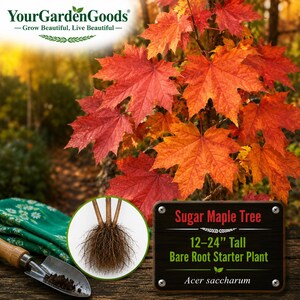 May include: A Sugar Maple tree with vibrant red and orange autumn leaves. A circular inset shows the bare root system of the plant. A metal sign displays the text Sugar Maple Tree, 12-24" Tall Bare Root Starter Plant, and Acer saccharum.