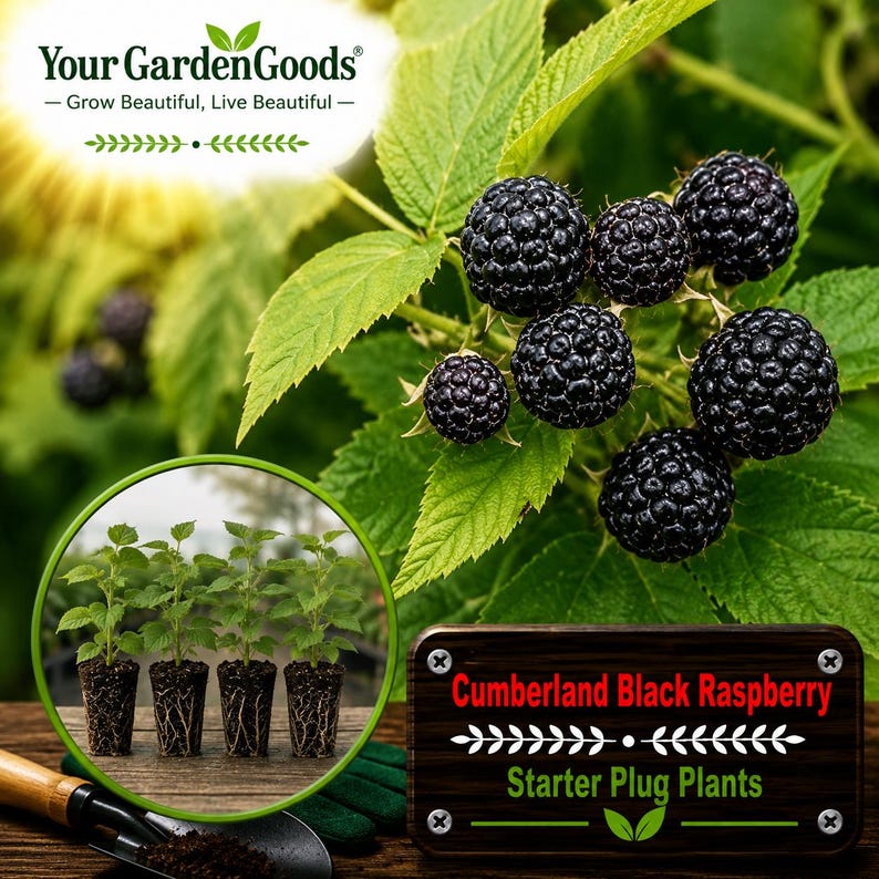 May include: Cumberland Black Raspberry starter plug plants with dark berries on a green leafy vine. The image includes the text Your Garden Goods, Grow Beautiful, Live Beautiful, and Cumberland Black Raspberry Starter Plug Plants.