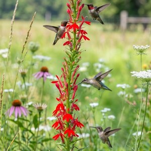 May include: A vibrant image of ruby-throated hummingbirds hovering around a tall, red-flowered plant. The birds have iridescent green backs and red throats. The background features a field of wildflowers in various colors, including purple and white.