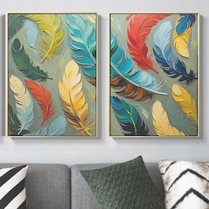 Conjunto de arte de parede com penas, 2 impressões de arte de penas coloridas - Download digital de impressões de arte de parede - Impressões de decoração boho - Decoração boho para casa