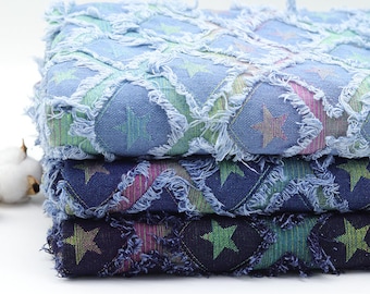 Colorful Denim Fabric, Washed Denim Fabric，Star Print Rhombus Cutting Flower Jacquard Fabric, Handmade DIY Clothes Fabric, By The Half Yard