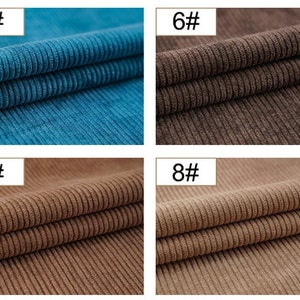 May include: Four fabric swatches in different colors. The swatches are all corduroy fabric with a ribbed texture. The colors are teal, brown, light brown, and beige.