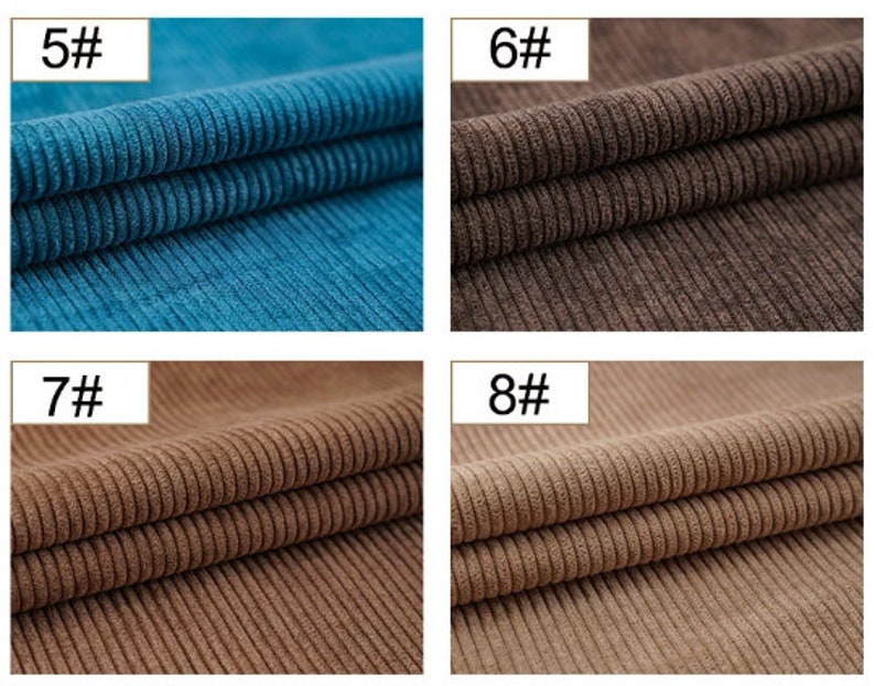 May include: Four fabric swatches in different colors. The swatches are all corduroy fabric with a ribbed texture. The colors are teal, brown, light brown, and beige.