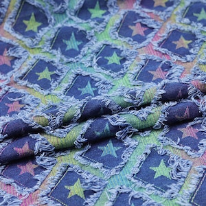 Colorful Denim Fabric Washed Denim Fabric，star Print Rhombus Cutting