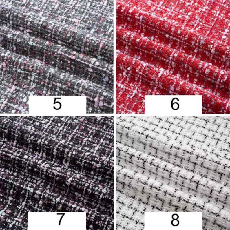 May include: Four fabric swatches with numbers 5, 6, 7, and 8 printed on them. The swatches are different colors and patterns, including gray, red, black, and white.