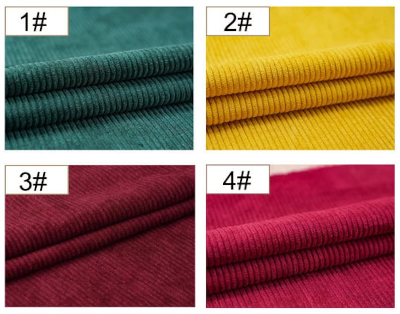 May include: Four fabric swatches of corduroy in different colors: dark green, yellow, burgundy, and red. The swatches are folded in half and labeled with numbers 1 through 4.