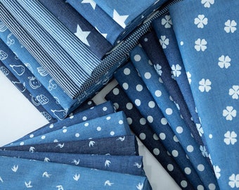 Floral Stars Dot Print Lightweight Denim Fabric, Blue Denim Fabric, Cotton Denim Fabric, Washed Denim Fabric, Jeans Fabric, By The Half Yard