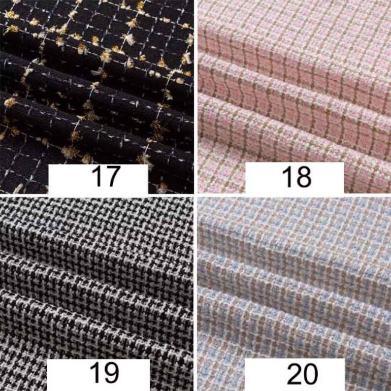 May include: Four fabric swatches with different patterns. The top left swatch is black with a small white and gold pattern. The top right swatch is pink with a white grid pattern. The bottom left swatch is black and white with a small checkered pattern. The bottom right swatch is light blue and white with a small checkered pattern. The swatches are labeled 17, 18, 19, and 20.