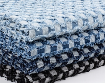 Checkerboard Lattice Fringe Jacquard Denim Fabric, Washed Denim Fabric,Hand DIY Bag Texture Jacket Clothes Designer Fabric, By The Half Yard
