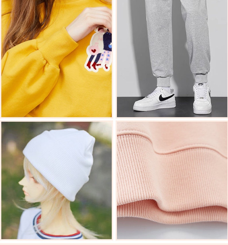 May include: A collage of fashion items. A yellow sweatshirt with a patch, gray sweatpants, white sneakers with black swooshes, a white beanie, and a pink sweatshirt cuff.