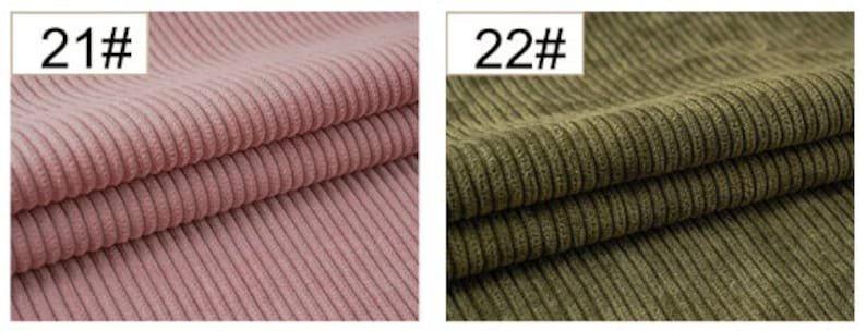 May include: Two fabric swatches, one in a light pink color and the other in a dark green color. Both swatches have a corduroy texture with vertical ribs.