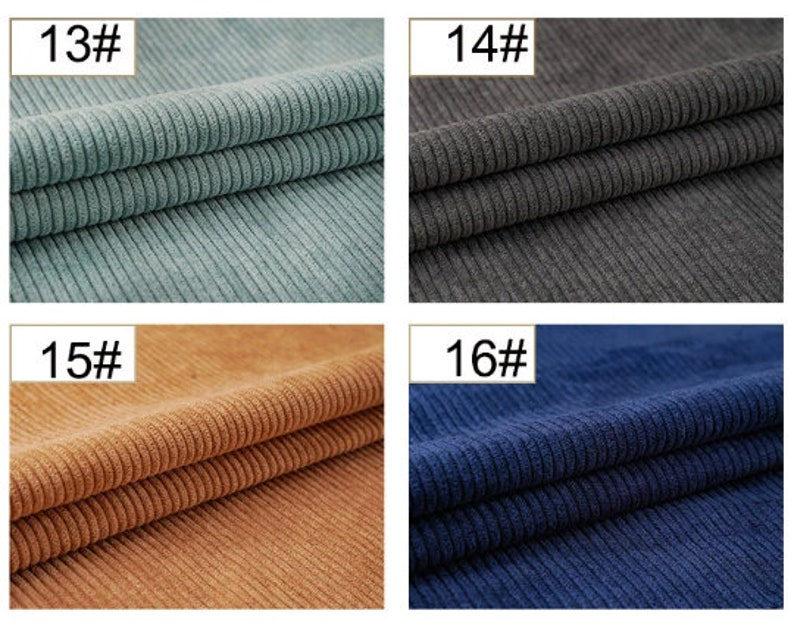 May include: Four fabric swatches in different colors: light blue, gray, brown, and dark blue. Each swatch has a ribbed texture.