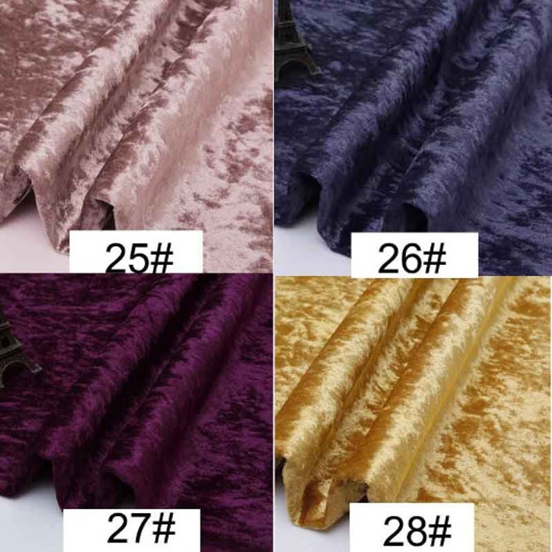 Puede incluir: Cuatro muestras de tela en diferentes colores: rosa, azul, morado y dorado. Cada muestra tiene una textura arrugada y est&aacute; etiquetada con un n&uacute;mero: 25#, 26#, 27# y 28#.
