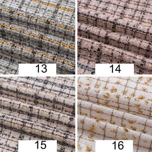 May include: Four fabric swatches with different patterns. The first swatch is a light blue and white fabric with a gold thread woven in. The second swatch is a pink and white fabric with a black thread woven in. The third swatch is a white and black fabric with a gold thread woven in. The fourth swatch is a white fabric with a gold thread woven in. The swatches are labeled 13, 14, 15, and 16.