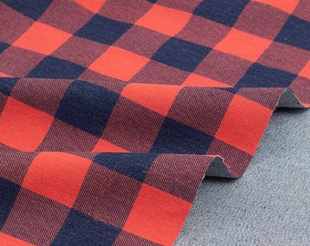 Red Plaid Washed Denim Fabric, Heavy Weight Denim Fabric, Cotton Denim Fabric, Coat Fabric, Garment Fabric, Designer Fabric,By The Half Yard