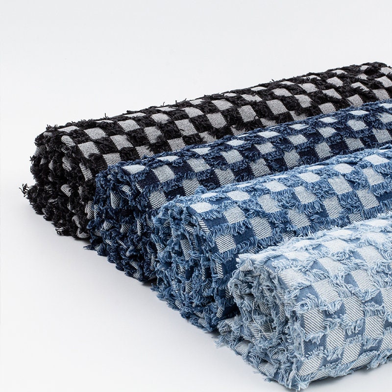 Checkerboard Lattice Fringe Jacquard Denim Fabric, Washed Denim Fabric,hand DIY Bag Texture Jacket Clothes Designer Fabric, by the Half Yard - Etsy