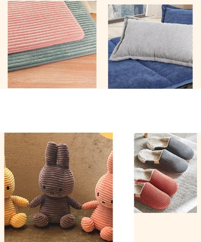 May include: Three corduroy plush bunny toys in different colors: yellow, brown, and pink. The toys are sitting on a wooden surface.
