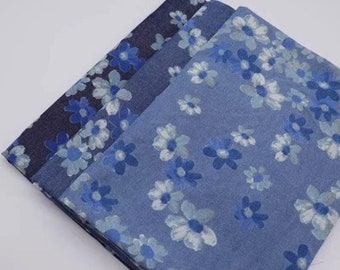 Floral Printed Denim Fabric, Blue Cotton Denim Fabric, Wash Denim Fabric, Dress Fabric, Clothing Fabric, By The Half Yard