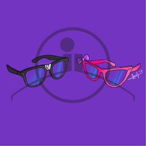 Puede incluir: Dos pares de gafas de sol, una negra con lentes azules y otra rosa con lentes azules, sobre un fondo morado.