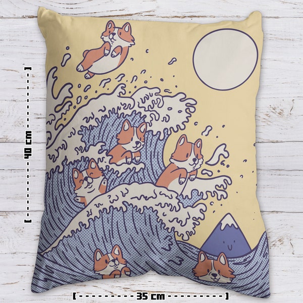 Lootgear Corgi Riding Wave Coussin décoratif pour canapé Japon Wave Surf Corgi Chien Classique Style Rétro Eau Animal Animal Kawaii Mignon