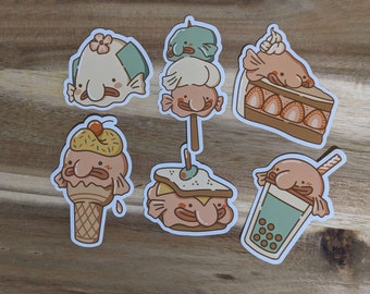 Lootgear Kawaii Blobfish Set of 6 Stickers as Food Onigiri Dango Strawberry Cake Ice Cream Sandwich Boba Tea Bubbletee